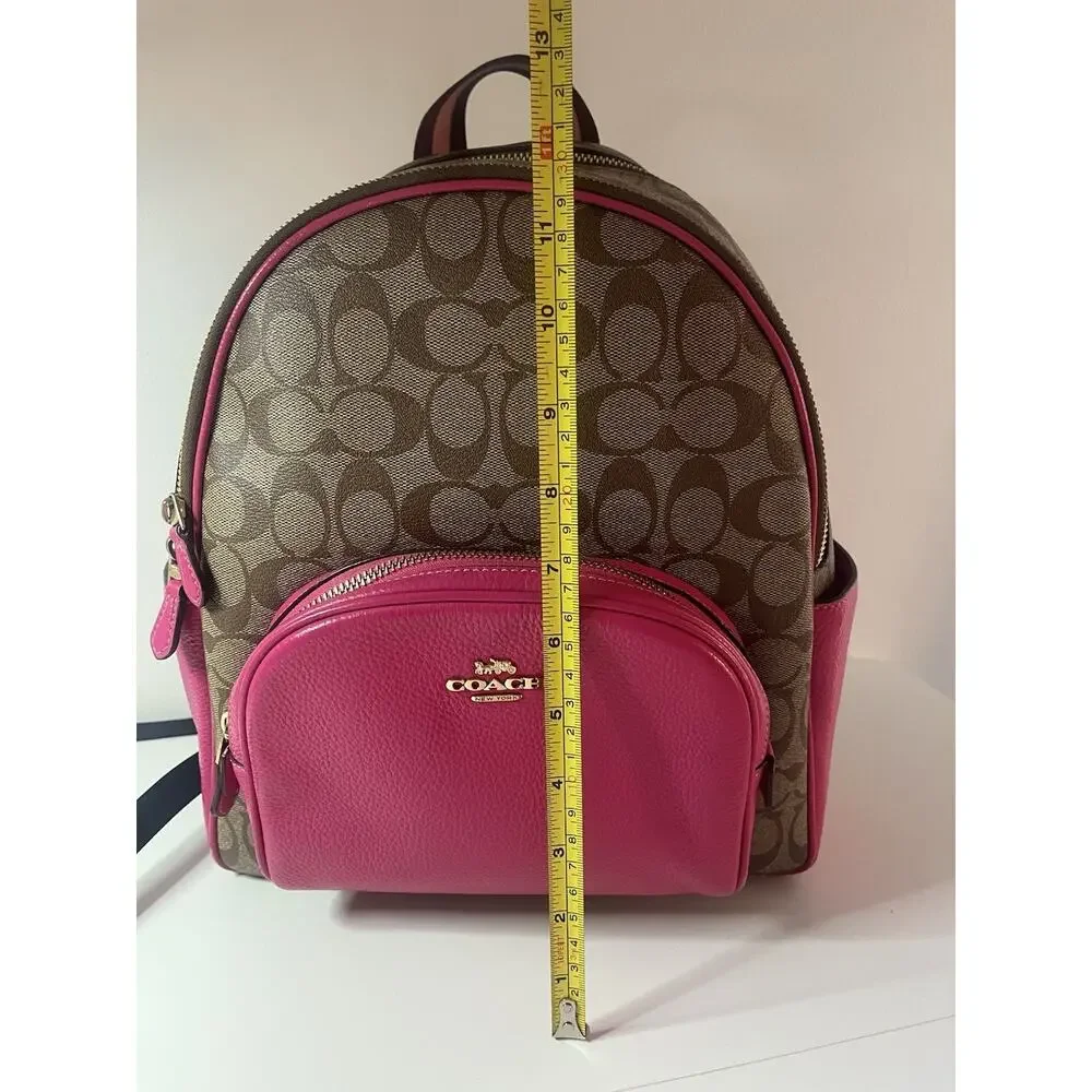 Coach Court Backpack In Signature Canvas With Bold Pink Refined Pebble Leather
